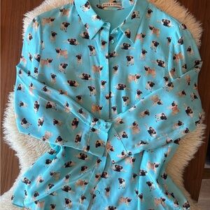 ALICE + OLIVIA Willa Pug Party Print Silk Button-down LARGE